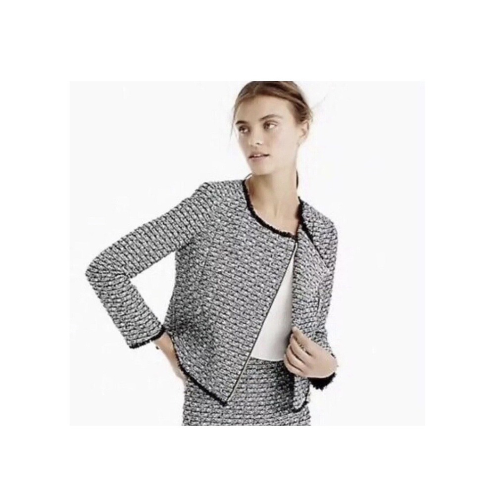 J. Crew Tweed Boucle Jacket Women's 12 Black Fringe Hem Zip Moto Blazer 10